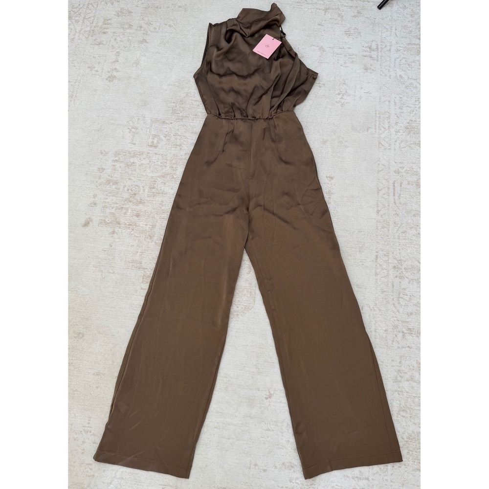 Hello Molly Brown Satin Mock Neck Wide Leg Jumpsuit 80720 Small US 4 NWT